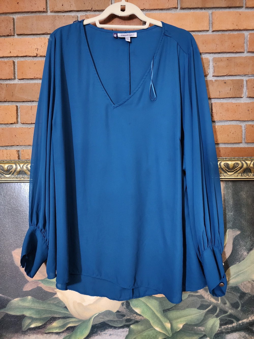 Jennifer Lopez Teal V-Neck Long-Sleeve Blouse 2x